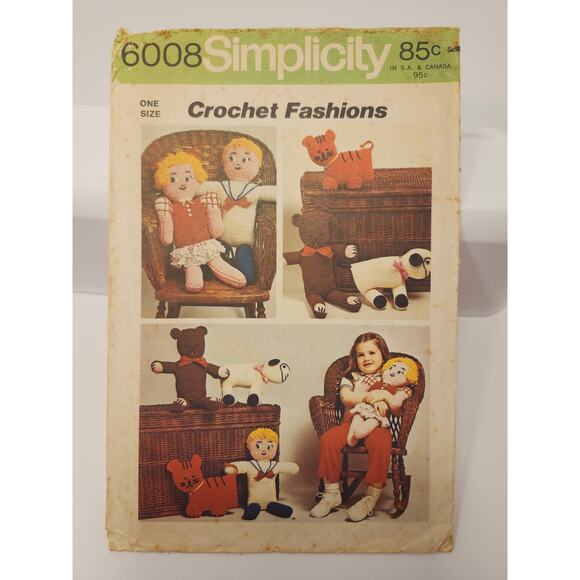 Simplicity Vintage Crochet Pattern 6008 Boy Girl Doll Bear Tiger - Picture 1 of 11